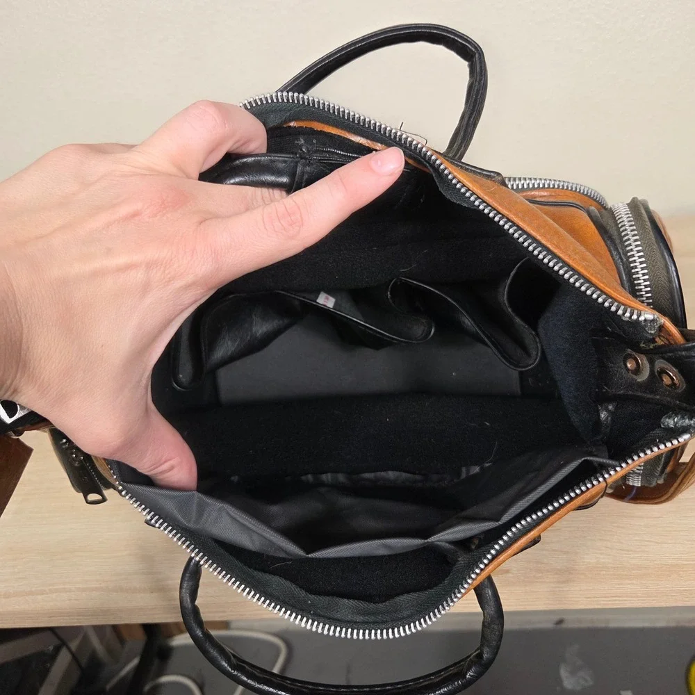 vintage y2k cognac brown black multi zip moto satchel shoulder bag